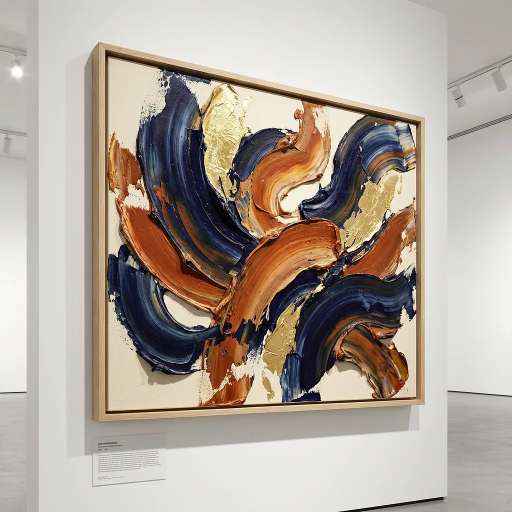 Abstract wall art with sweeping brushstrokes in indigo, orange and gold