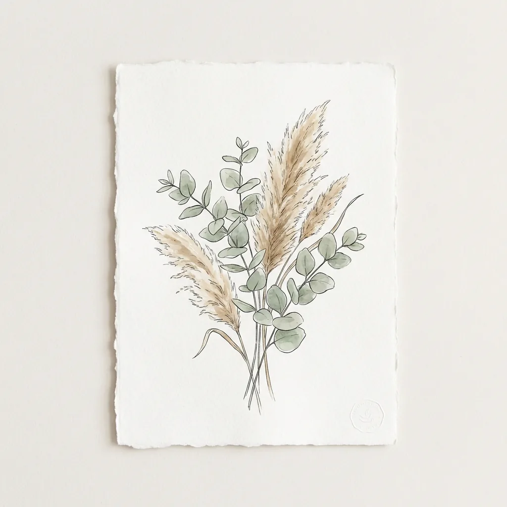 Botanical illustration of eucalyptus and pampas grass in sage green tones