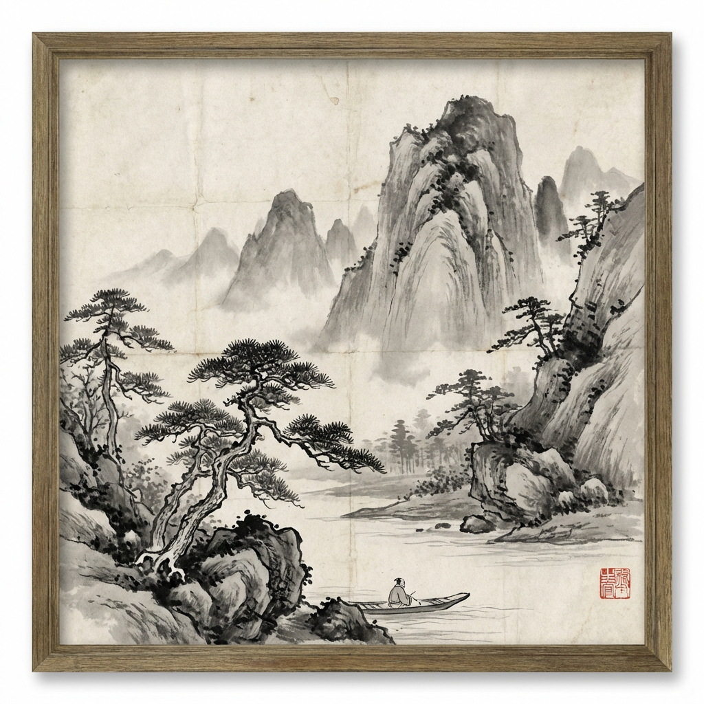 Japanese sumi-e ink wash painting of misty mountains and pine trees