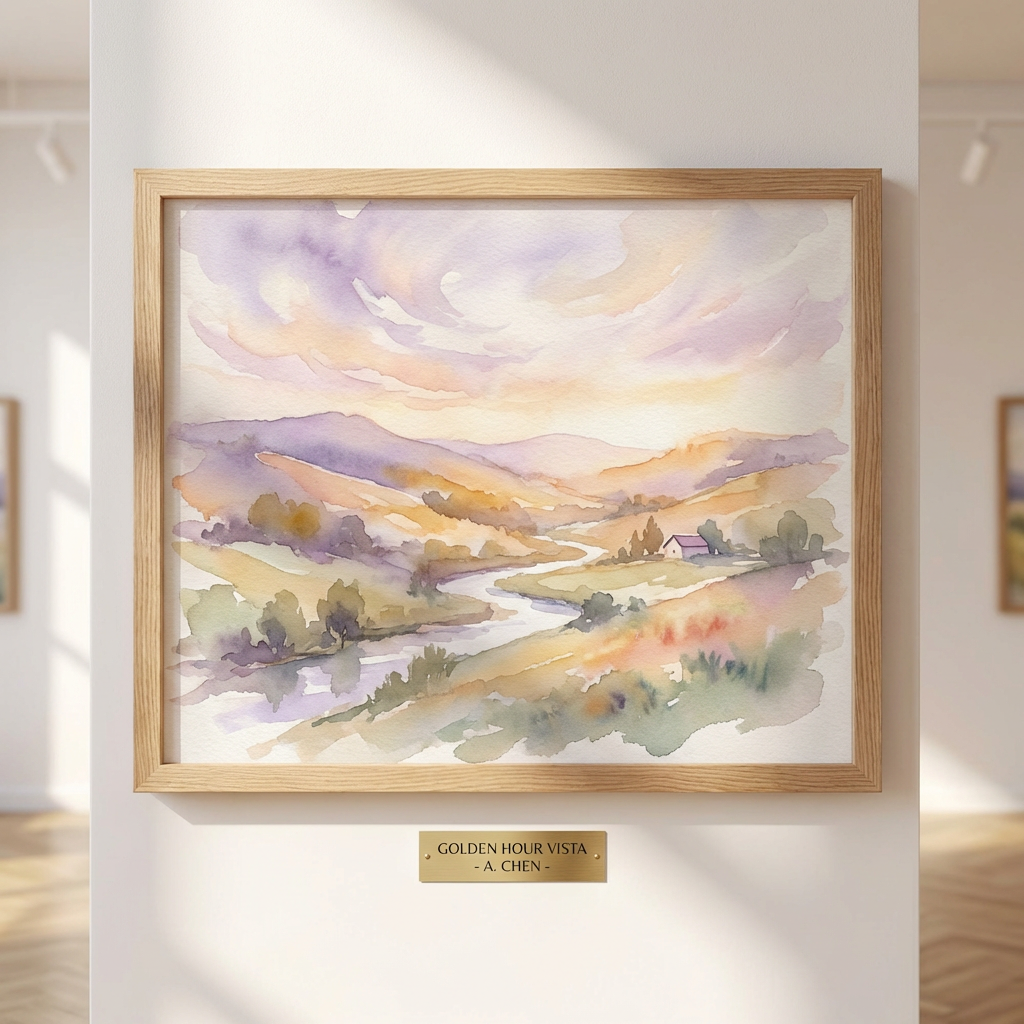 Dreamy watercolor landscape of rolling hills at golden hour