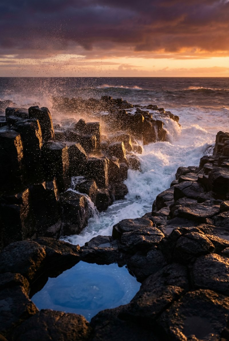 Ocean waves crashing on volcanic rocks at sunset - Photography mode