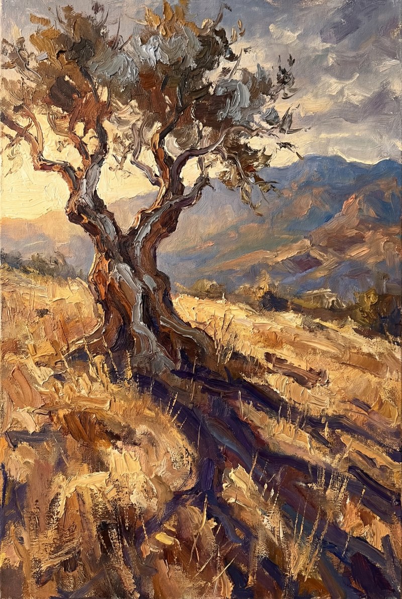 Olive tree on a golden hillside - Painterly mode
