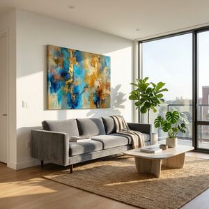 Abstract canvas wall art with blue and gold tones in a modern living room