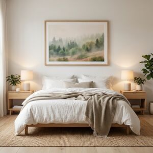 Misty forest landscape framed print above a bedroom headboard