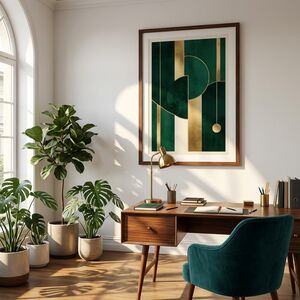 Geometric emerald and gold wall art in a home office setting
