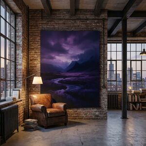 Dramatic purple mountain landscape wall art in an industrial loft
